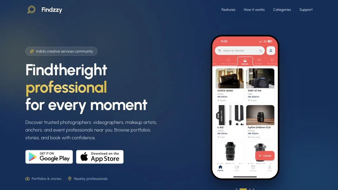 Findzzy website introducing creative professionals and mobile app access