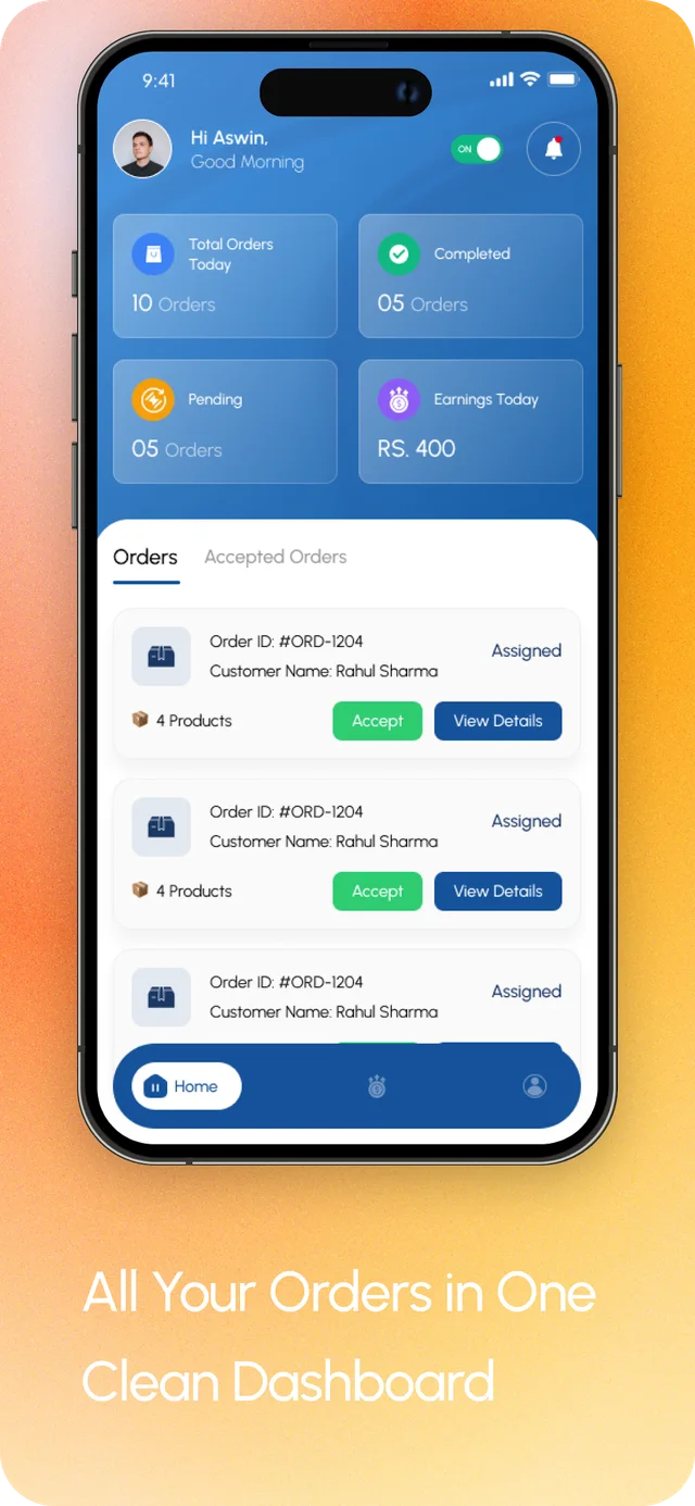 Roadrunner – QuickShip — orders dashboard and rider earnings summary